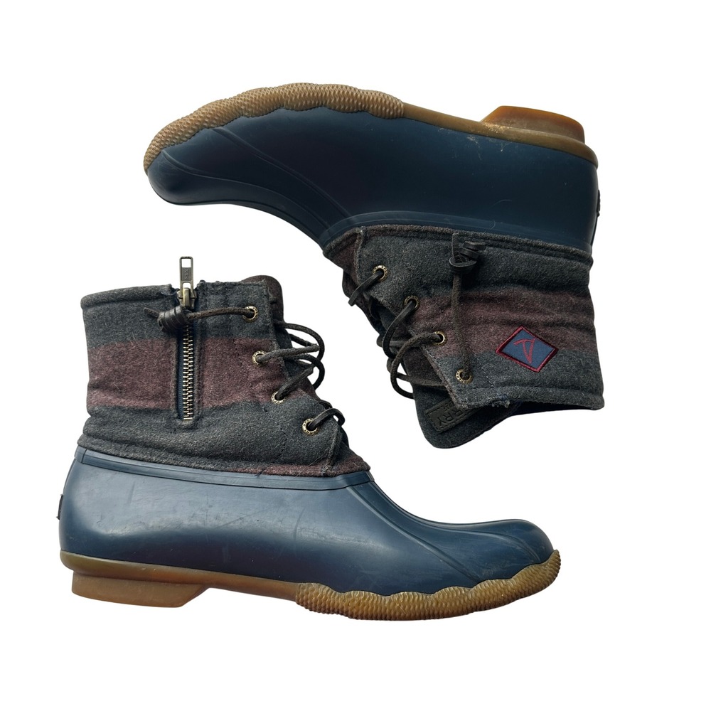 Sperry Saltwater Duck Boots Womens 9.5 Navy Grey Wool Stripe STS84026